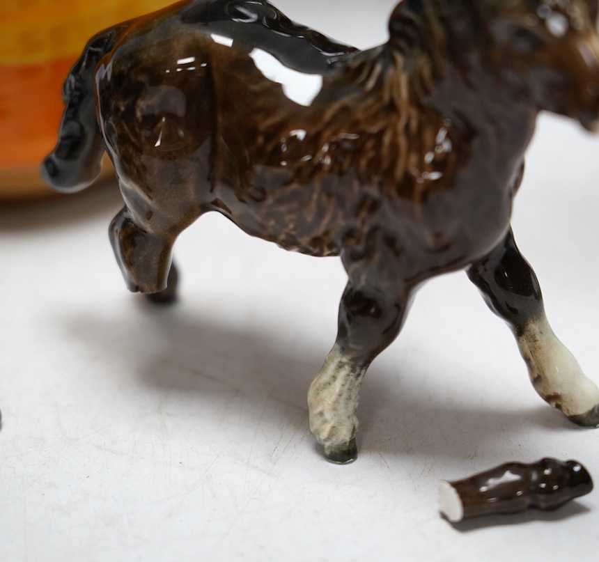 Three Shelley vases and six Beswick horses and a Canton cased teapot, teapot 14cm high. Condition - poor to fair